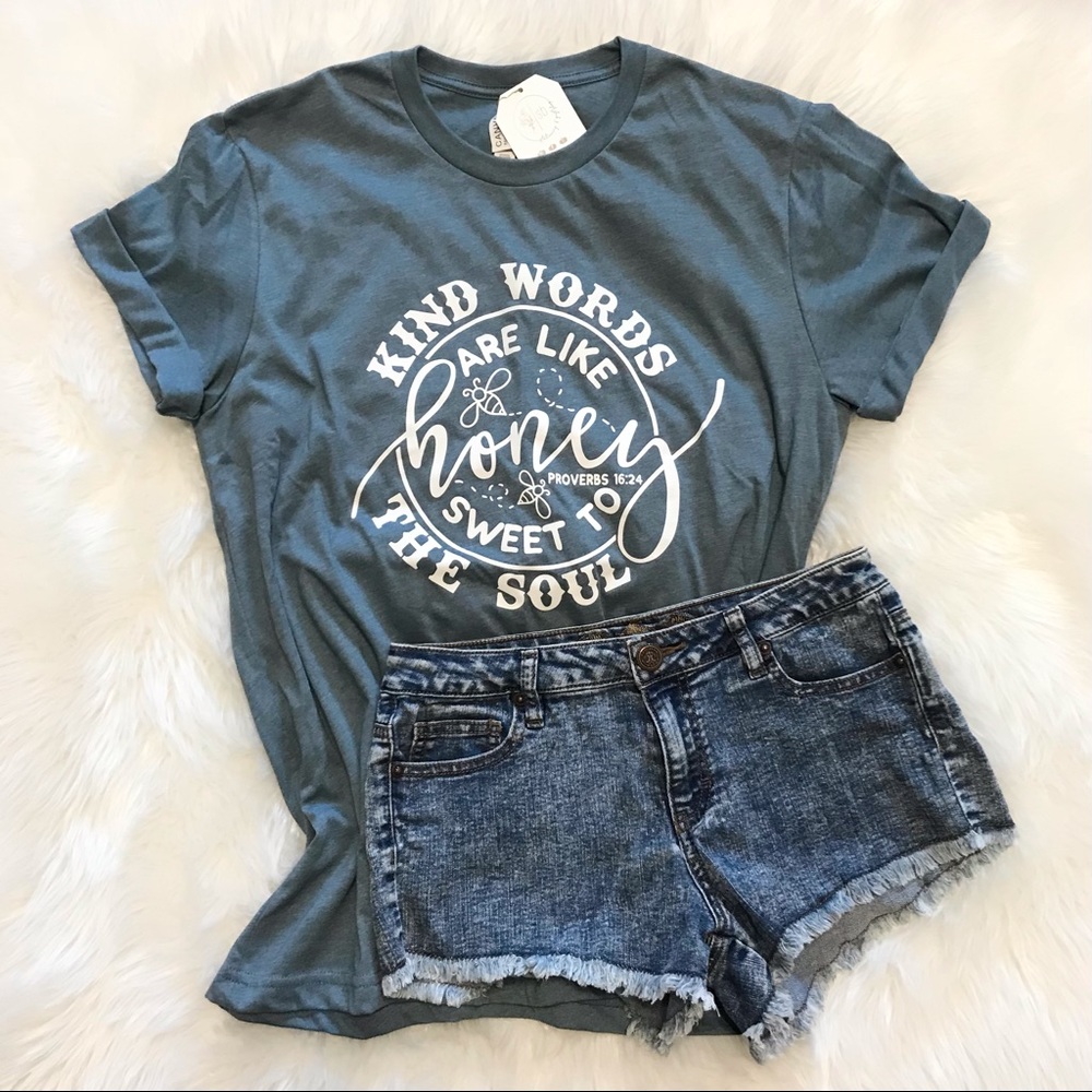 “Kind Words are like Honey”-Tee-Short sleeves-Slate blue-Sz Large-NWT